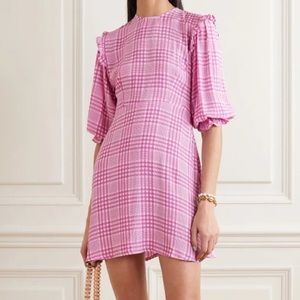 Faithfull the Brand Edwina Pink Plaid Ruffled Puff Sleeve Mini Dress